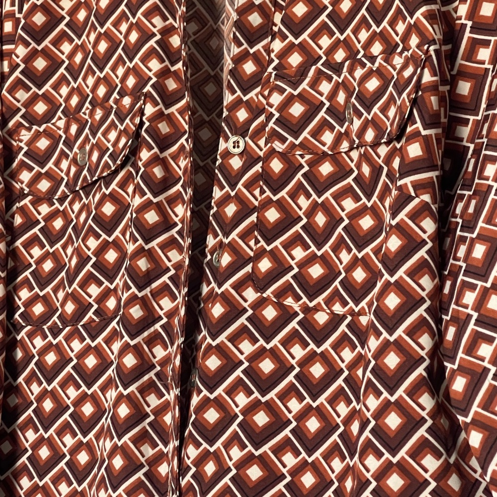 Notations Brown Geometric Retro Print Button Down Shirt Women Size M 70s Style - Picture 2 of 5